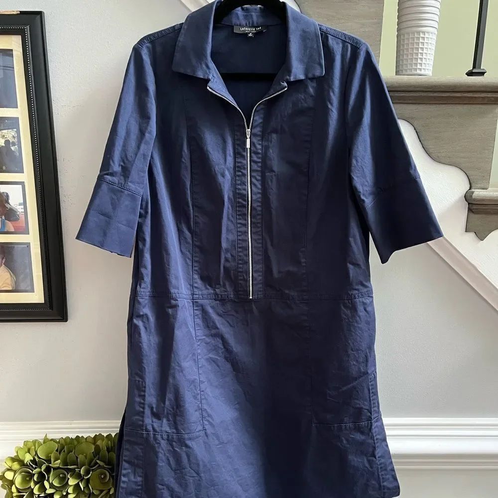 Lafayette 148 Navy Sheath Zip Up Dress sz M EUC